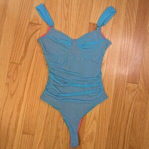 nwot forever 21 small bodysuit blue neon pink underwire y2k ruching tank top Wid